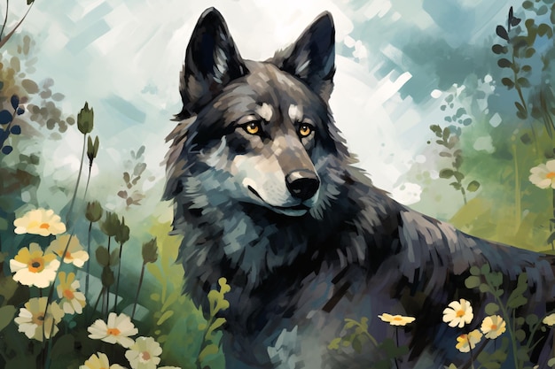 a painting of a wolf in a field of flowers