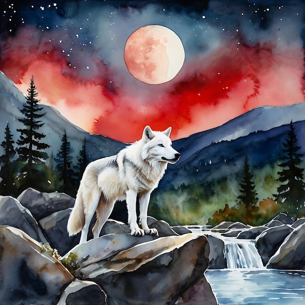 a painting of a wolf on a mountain with a full moon in the background