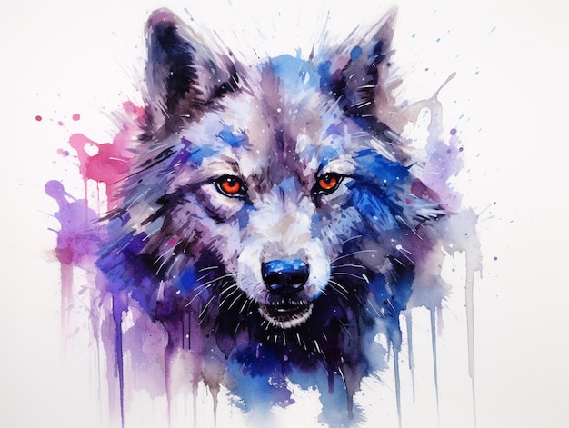 A painting of a wolf's face with purple and blue colors.