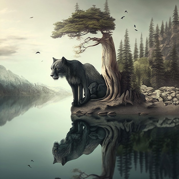 A painting of a wolf and a tree with a lake in the background.