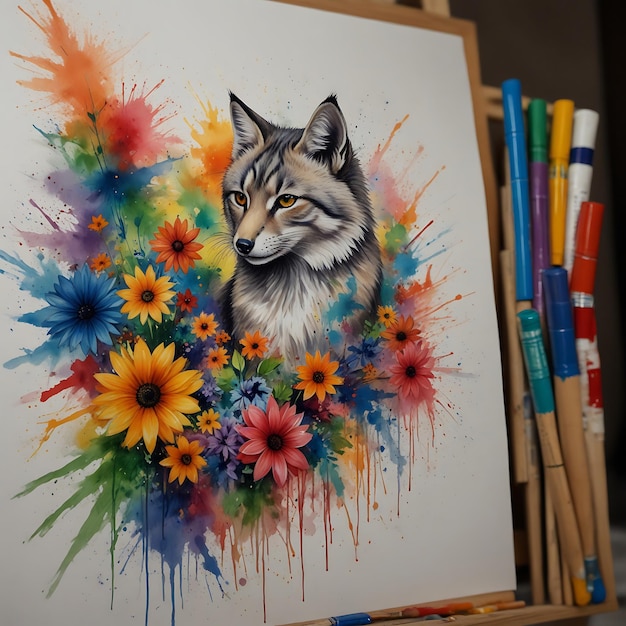 a painting of a wolf with flowers in it