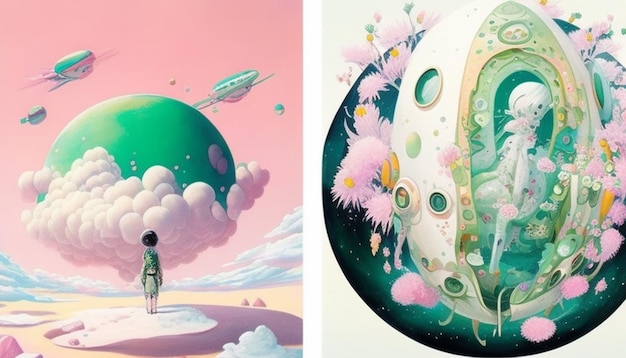 a painting of a woman and an alien in a cloud