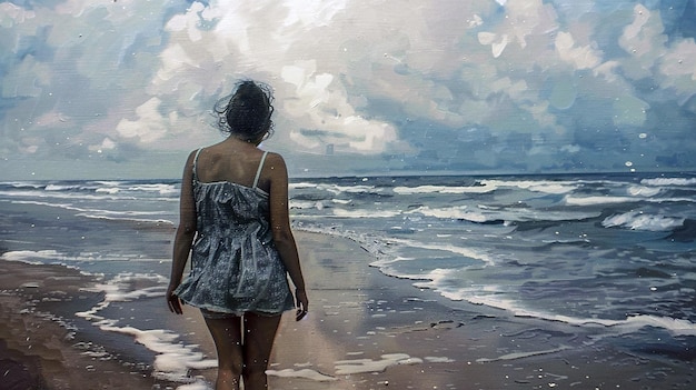 a painting of a woman on the beach with the ocean in the background