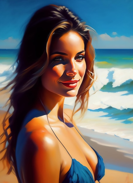 A painting of a woman on the beach