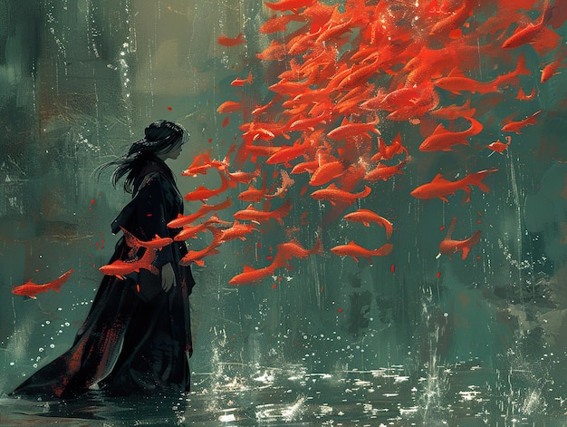 Photo a painting of a woman in a black dress with a red fish in the water