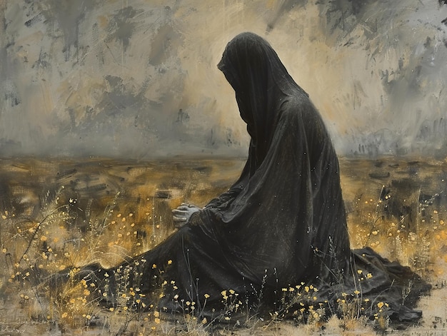 Photo a painting of a woman in black with a black veil and flowers in her hair