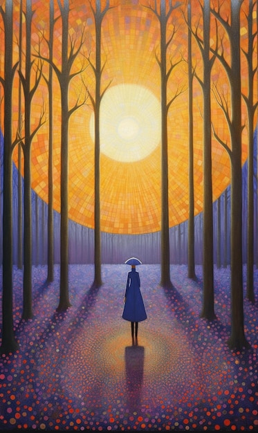 A painting of a woman in a blue coat standing in a forest with the sun shining through the trees.