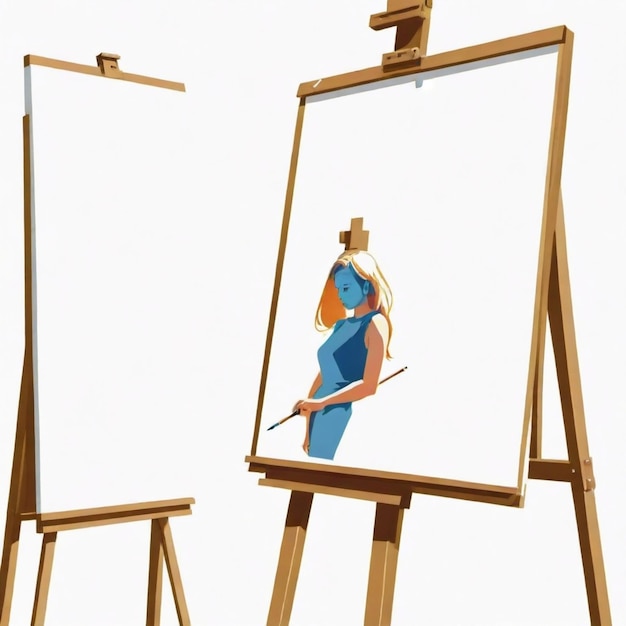 Photo a painting of a woman in blue is standing next to a easel