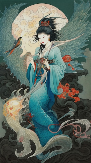 A painting of a woman in a blue kimono with a dragon on her head.