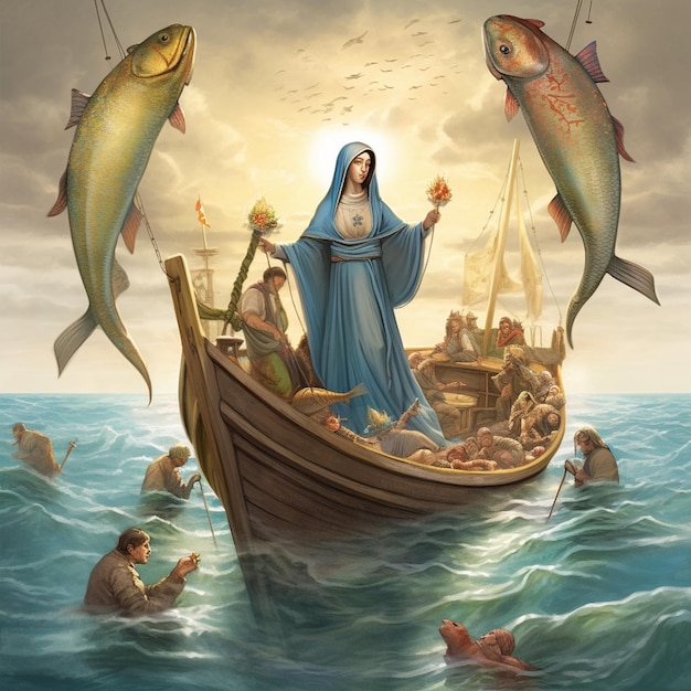 A painting of a woman in a blue robe and a fish on a boat.