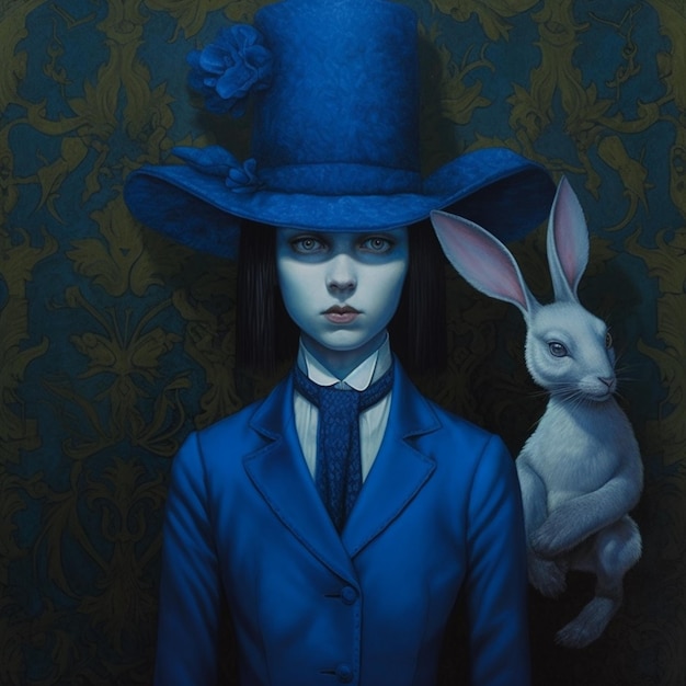 A painting of a woman in a blue suit and a rabbit on the back.