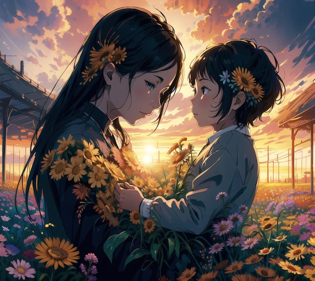 A painting of a woman and a child in a field of flowers.