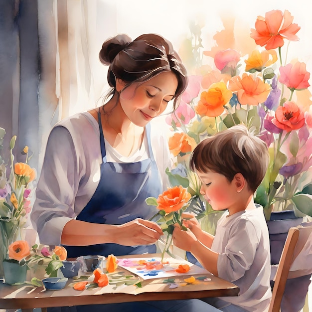 a painting of a woman and a child in front of a table with flowers