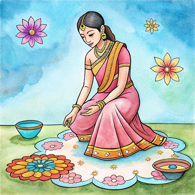 Photo a painting of a woman cooking on the ground with flowers and a bowl of water