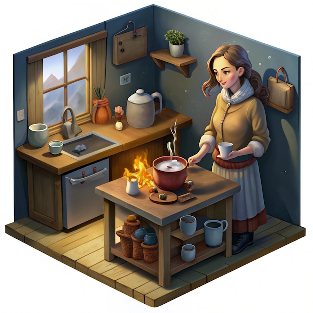 Photo a painting of a woman cooking in a kitchen with a pot on the stove