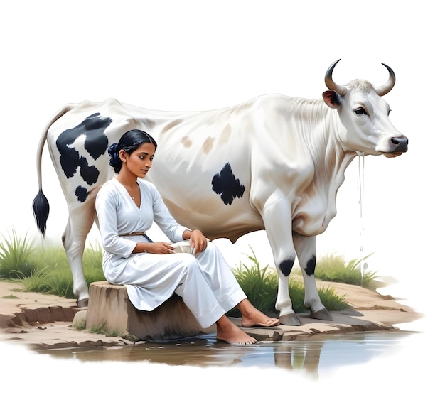 a painting of a woman and a cow with the words quot cow quot on it