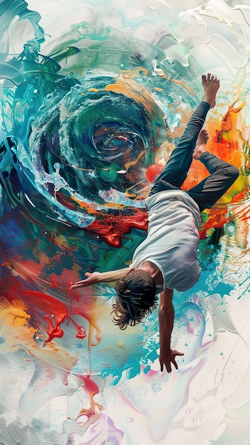 a painting of a woman doing a handstand with the word acrylic on it