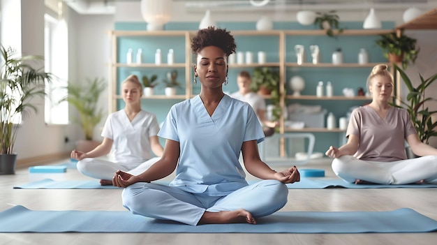 a painting of a woman doing yoga in a room with a tree in the background