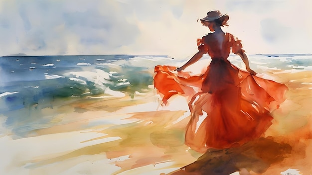 a painting of a woman in a dress and hat on a beachwatercolor artwork of sunset over the sea