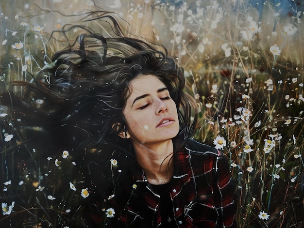 Photo a painting of a woman in a field of flowers