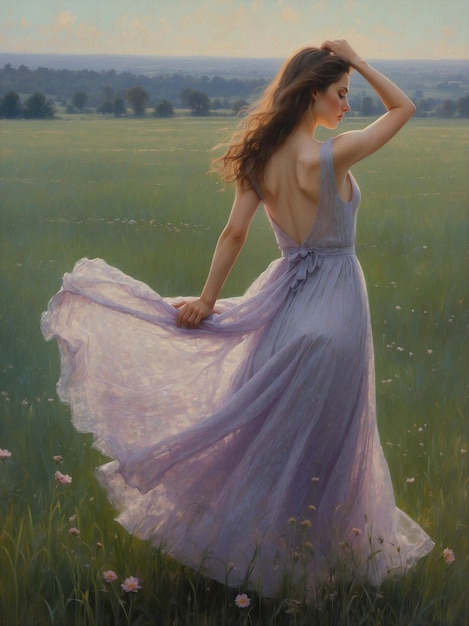 a painting of a woman in a field with a dress that says quot the word quot on it