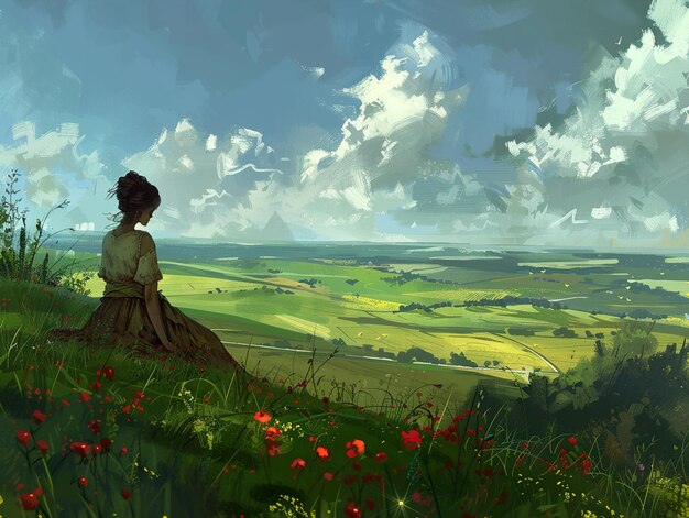 Photo a painting of a woman in a field with a field of flowers and a cloudy sky