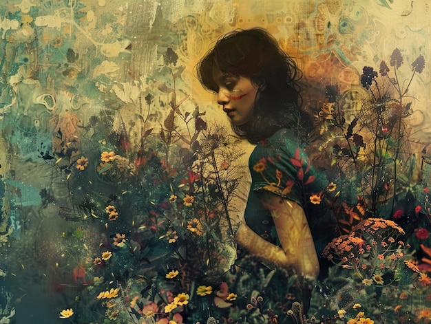 a painting of a woman in a field with flowers and a picture of a woman in the foreground