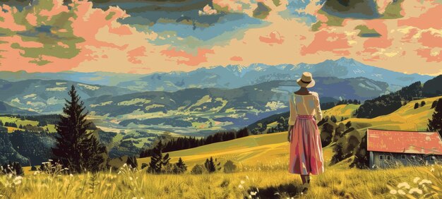 Photo a painting of a woman in a field with mountains in the background