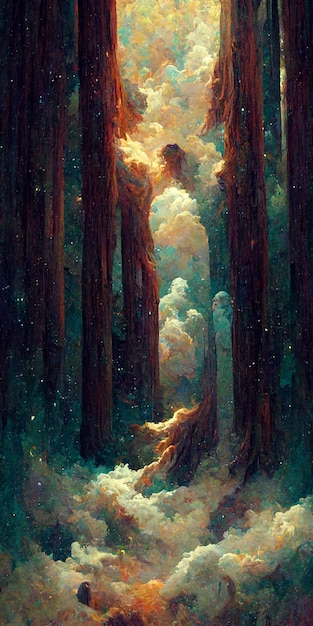 A painting of a woman in a forest with the sky in the background.