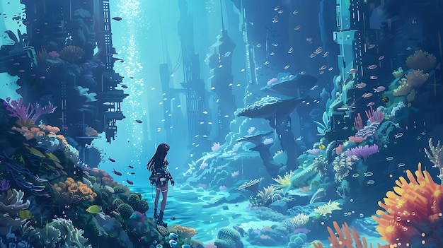 a painting of a woman in front of a coral reef with a diver in the water