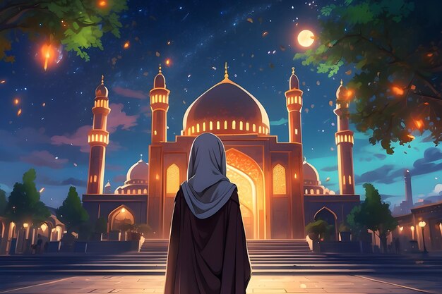 a painting of a woman in front of a mosque with a starry sky in the background