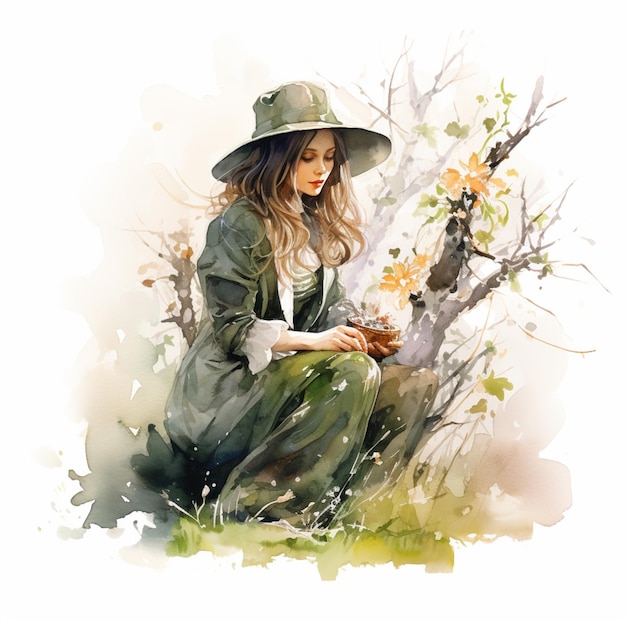 painting of a woman in a hat and dress sitting on a tree generative ai