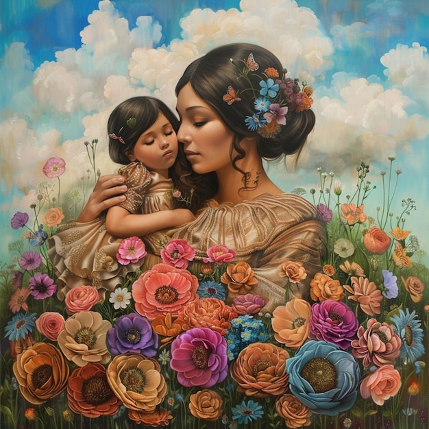 a painting of a woman and her child in a field of flowers