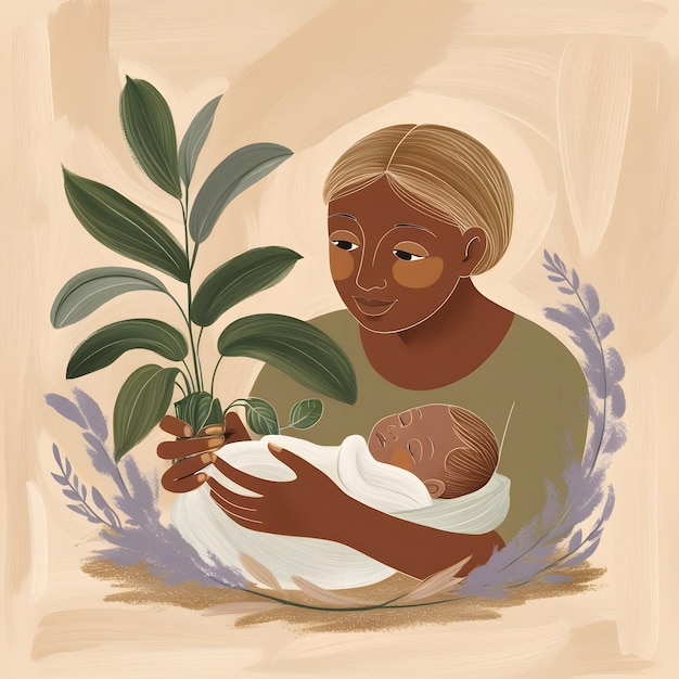 a painting of a woman holding a baby and a plant