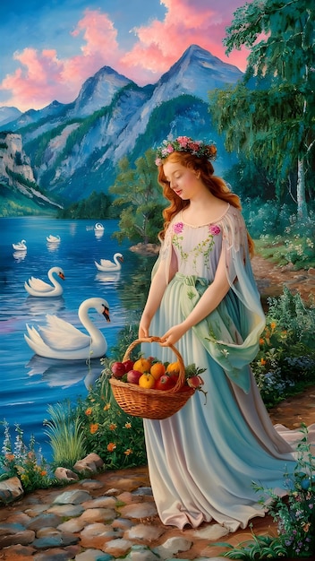 A painting of a woman holding a basket of fruit and a swan