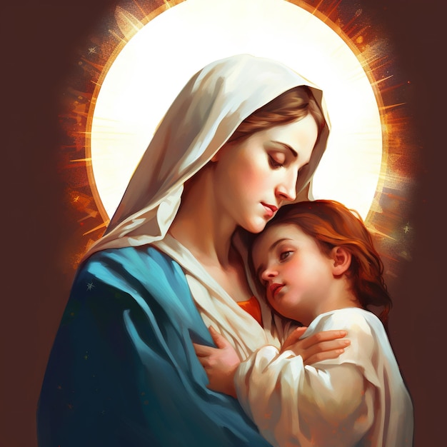 A painting of a woman holding a child with the sun behind her.