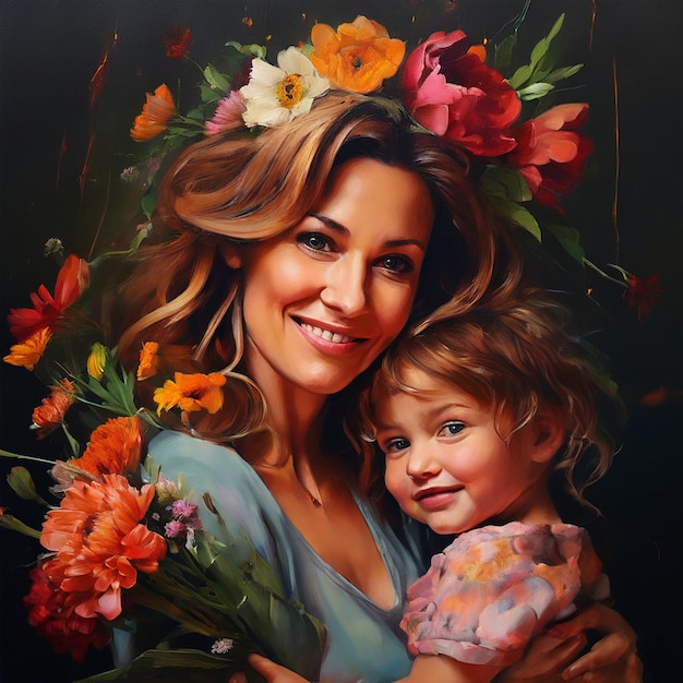 a painting of a woman holding a flower and a young girl