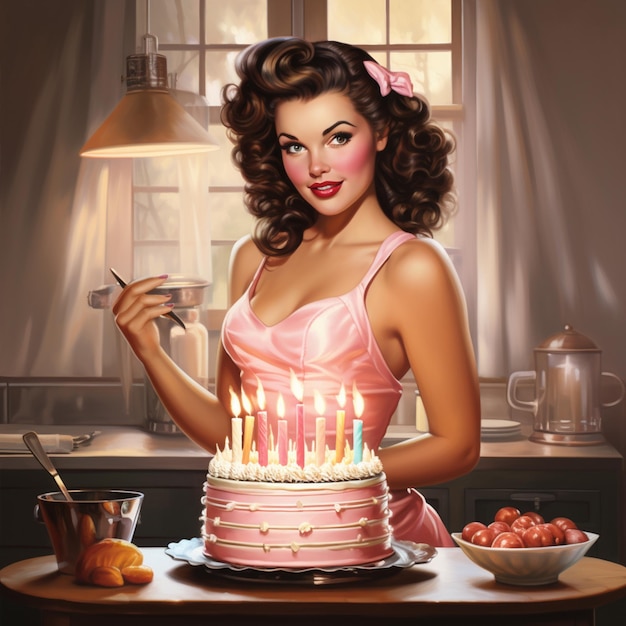 painting of a woman holding a knife and a cake with lit candles generative ai