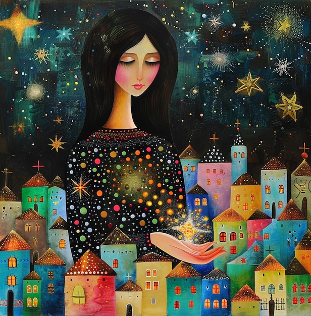 painting of a woman holding a small star in her hand generative ai