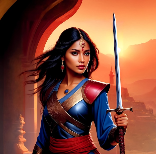 Painting of woman holding sword and wearing blue and red outfit