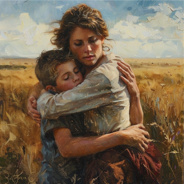 a painting of a woman hugging a child in a field