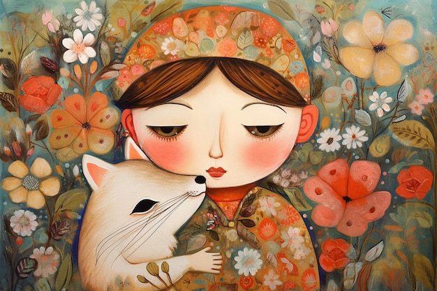 A painting of a woman hugging a fox with flowers on it.