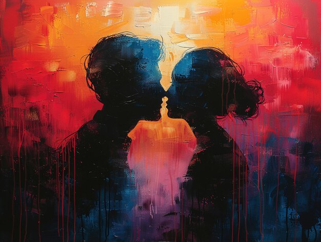 a painting of a woman kissing a mans face