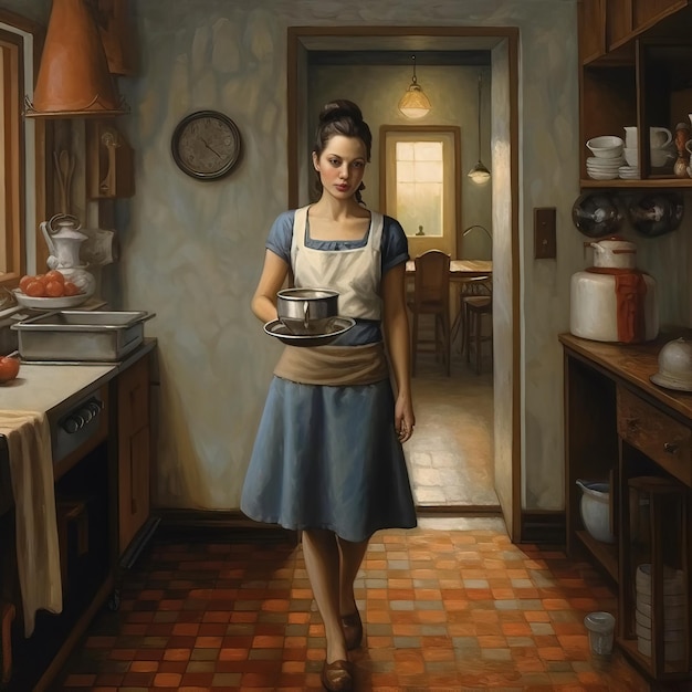 a painting of a woman in a kitchen with a pot in her hand