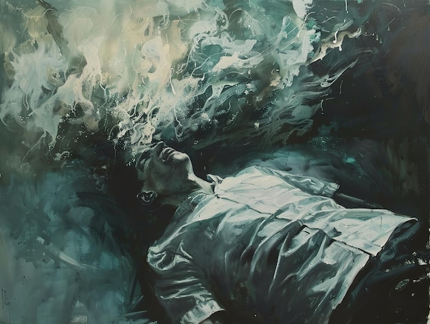 Photo a painting of a woman laying in the water with a white shirt on