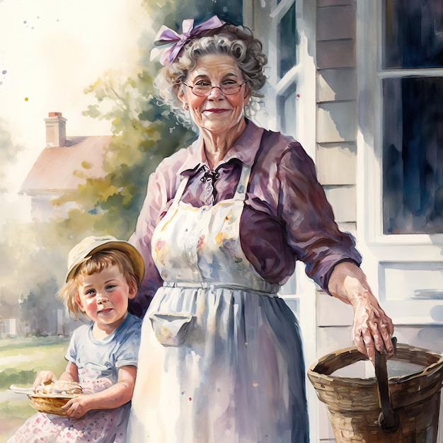 A painting of a woman and a little girl holding a basket.