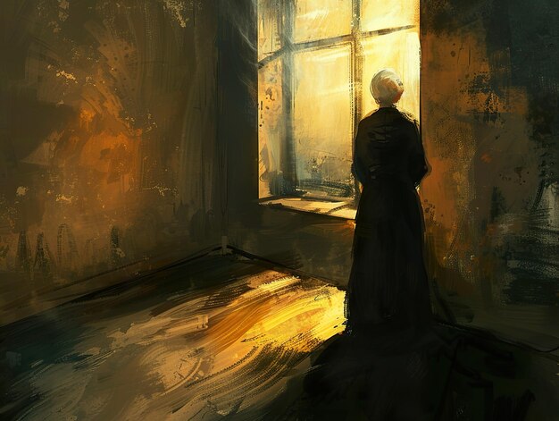 a painting of a woman looking out of a window with the sun shining through it