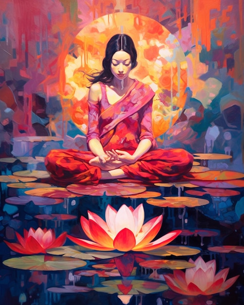 A painting of a woman meditating in lotus pads