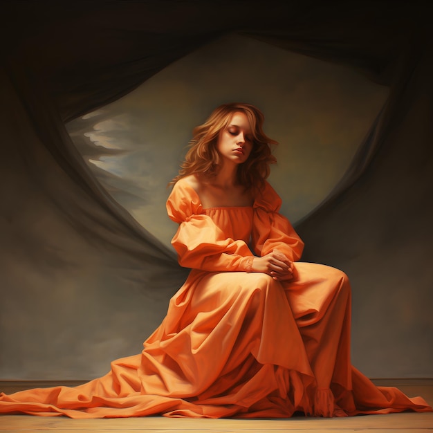 A painting of a woman in an orange dress with a butterfly in the background.