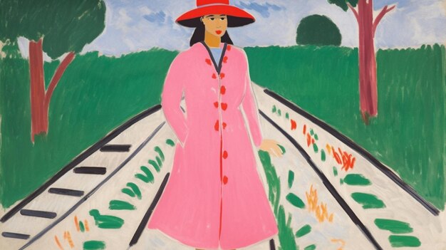 A painting of a woman in a pink coat and a red hat walks in a field of flowers.